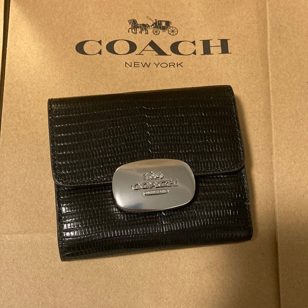 Coach Black Lizard-Embossed Leather Wallet with Silver Hardware